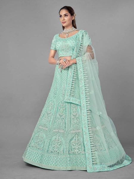 Myra Sea Green Heavy Embroidered Soft Net Bridal Lehenga | Grocsy