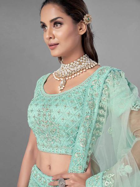 Myra Sea Green Heavy Embroidered Soft Net Bridal Lehenga | Grocsy