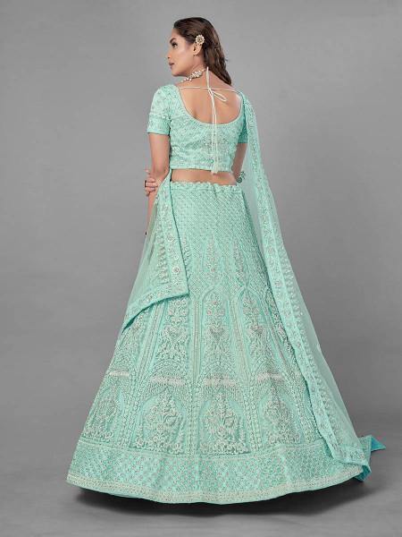 Myra Sea Green Heavy Embroidered Soft Net Bridal Lehenga | Grocsy