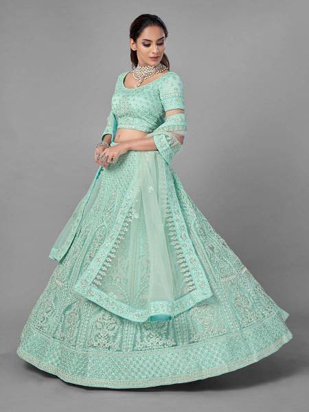 Myra Sea Green Heavy Embroidered Soft Net bridal Lehenga | Grocsy