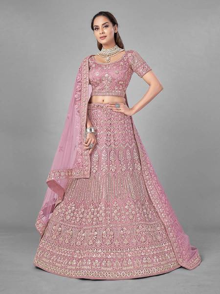 Myra Bridal Lehenga in Pink Heavy Embroidered Soft Net | Grocsy