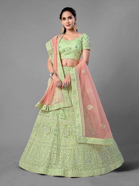 Myra Beautiful Pista Heavy Embroidered Soft Net Traditional Bridal Lehenga | Grocsy