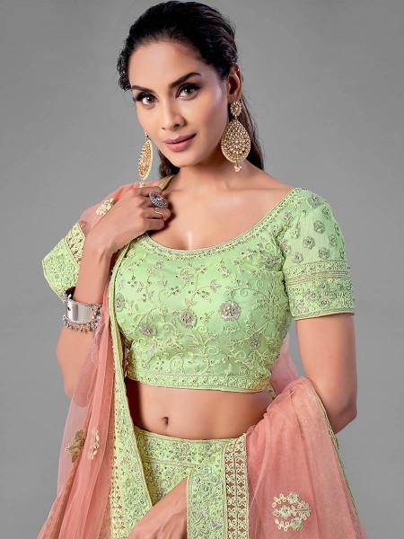 Myra Beautiful Pista Heavy Embroidered Soft Net Traditional Bridal Lehenga | Grocsy