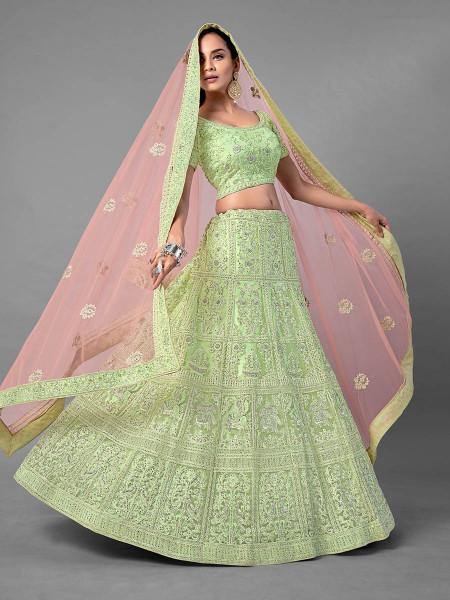 Myra Beautiful Pista Heavy Embroidered Soft Net Traditional Bridal Lehenga | Grocsy