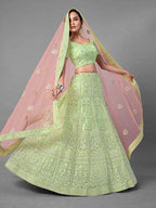 Myra Pista Heavy Embroidered Soft Net bridal Lehenga | Grocsy