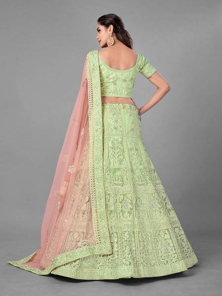 Myra Beautiful Pista Heavy Embroidered Soft Net Traditional Bridal Lehenga | Grocsy