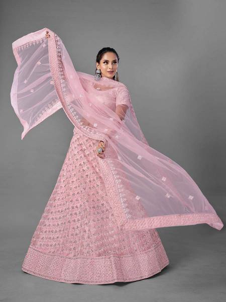 Myra Pink Heavy Embroidered Soft Net bridal Lehenga | Grocsy