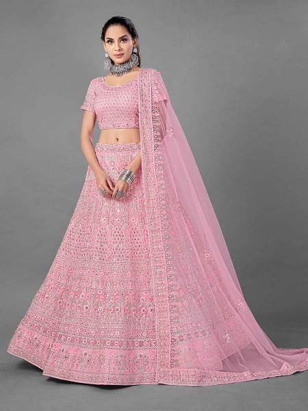 Myra Fashion Pink Heavy Embroidered Soft Net Bridal Lehenga | Grocsy