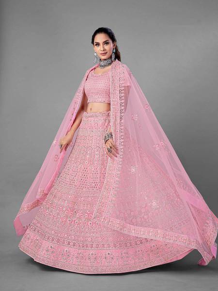 Myra Fashion Pink Heavy Embroidered Soft Net Bridal Lehenga | Grocsy