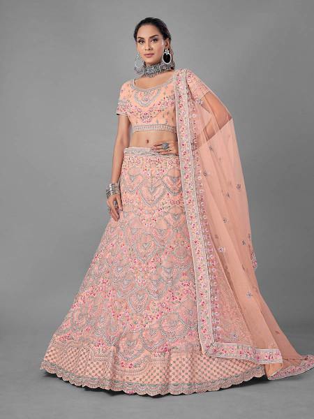 Myra Peach Heavy Embroidered Soft Net bridal Lehenga | Grocsy