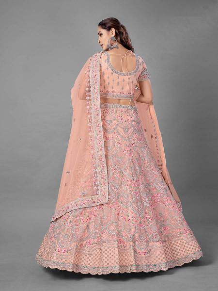 Myra Peach Heavy Embroidered Soft Net Bridal Lehenga For Women | Grocsy