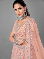 Myra Peach Heavy Embroidered Soft Net Bridal Lehenga For Women | Grocsy