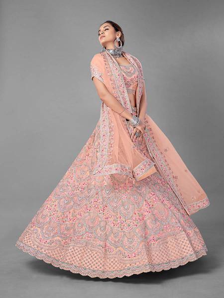 Myra Peach Heavy Embroidered Soft Net bridal Lehenga | Grocsy