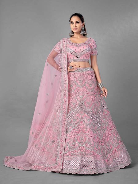 Myra Pink Heavy Embroidered Soft Net Bridal Lehenga For Girls | Grocsy