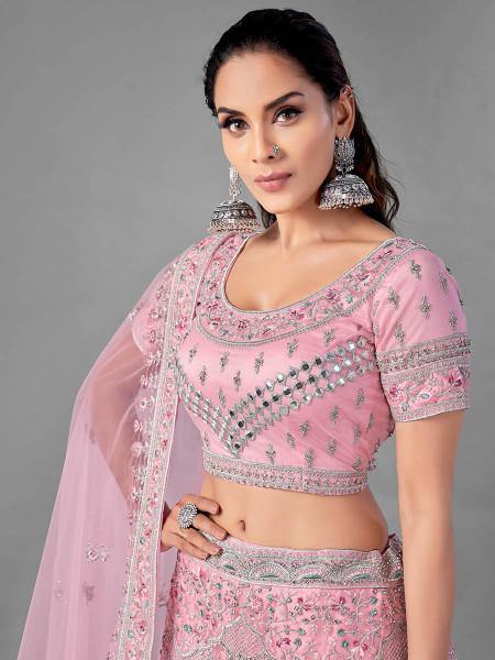 Myra Pink Heavy Embroidered Soft Net Bridal Lehenga For Girls | Grocsy
