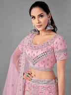 Myra Pink Heavy Embroidered Soft Net Bridal Lehenga For Girls | Grocsy