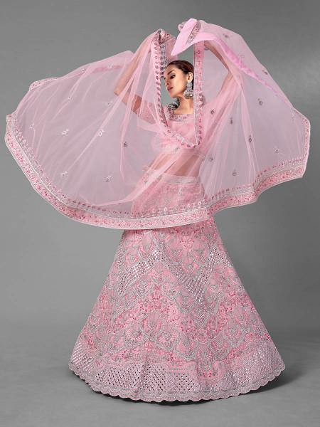 Myra Pink Heavy Embroidered Soft Net Bridal Lehenga For Girls | Grocsy