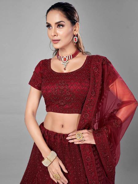 Myra Beautiful Red Heavy Embroidered Soft Net Bridal Lehenga | Grocsy