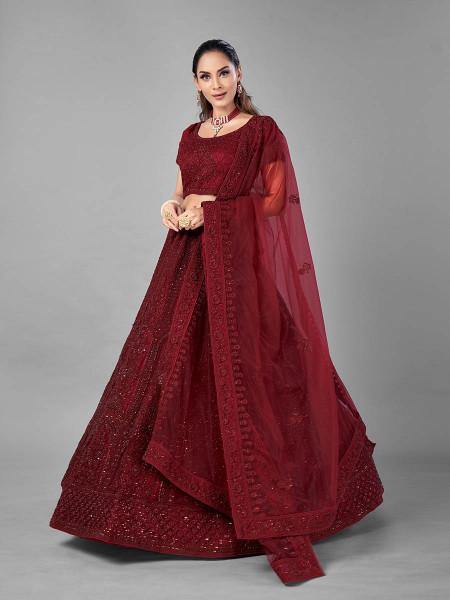 Myra Beautiful Red Heavy Embroidered Soft Net Bridal Lehenga | Grocsy