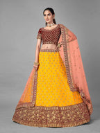 Myra Musturd Heavy Embroidered Soft Net and Velvet Bridal Lehenga | Grocsy