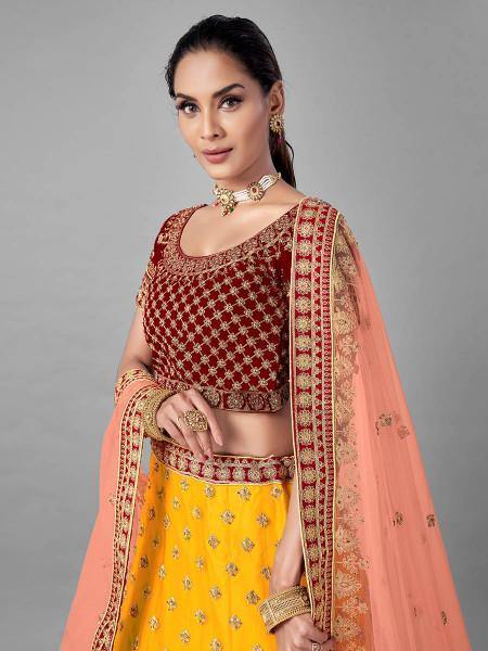 Myra Musturd Heavy Embroidered Soft Net and Velvet Bridal Lehenga | Grocsy