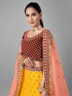 Myra Musturd Heavy Embroidered Soft Net and Velvet Bridal Lehenga | Grocsy