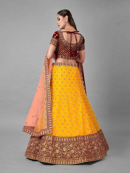 Myra Musturd Heavy Embroidered Soft Net and Velvet Bridal Lehenga | Grocsy