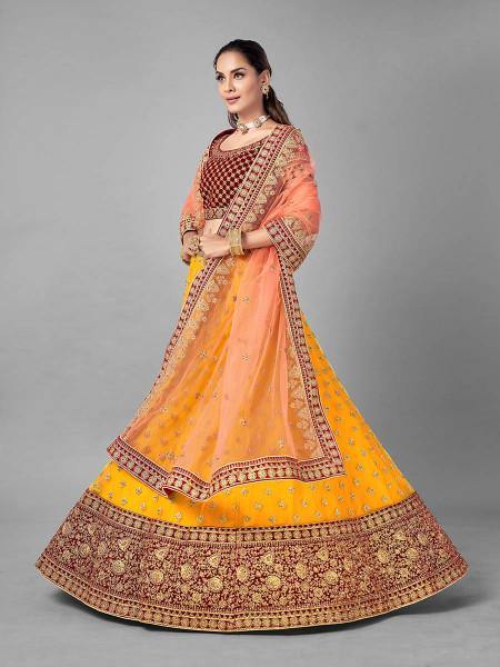 Myra Musturd Heavy Embroidered Soft Net and Velvet Bridal Lehenga | Grocsy