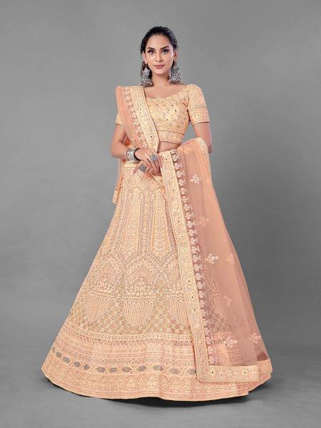 Myra Fashion Peach Heavy Embroidered Soft Net Bridal Lehenga | Grocsy
