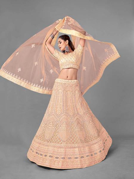 Myra Fashion Peach Heavy Embroidered Soft Net Bridal Lehenga | Grocsy