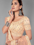Myra Fashion Peach Heavy Embroidered Soft Net Bridal Lehenga | Grocsy