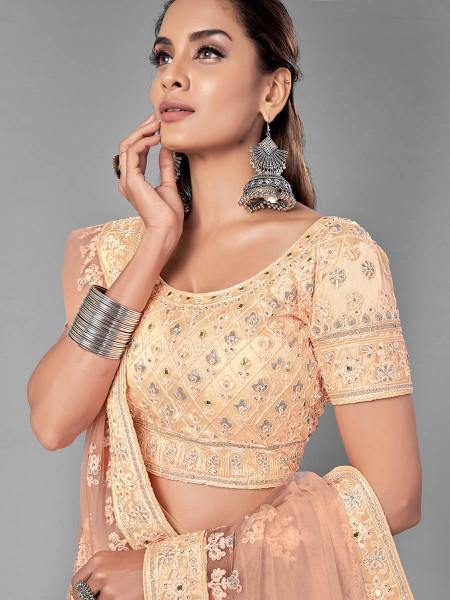 Myra Fashion Peach Heavy Embroidered Soft Net Bridal Lehenga | Grocsy
