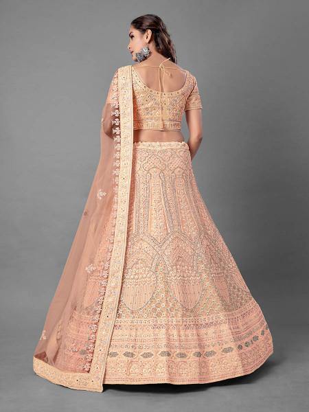 Myra Fashion Peach Heavy Embroidered Soft Net Bridal Lehenga | Grocsy