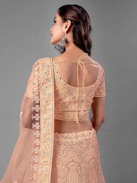 Myra Fashion Peach Heavy Embroidered Soft Net Bridal Lehenga | Grocsy