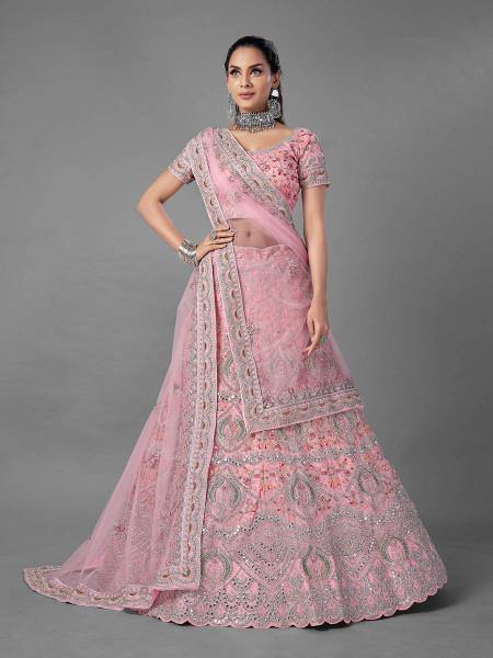 Myra Pink Heavy Embroidered Soft Net Bridal Lehenga | Grocsy