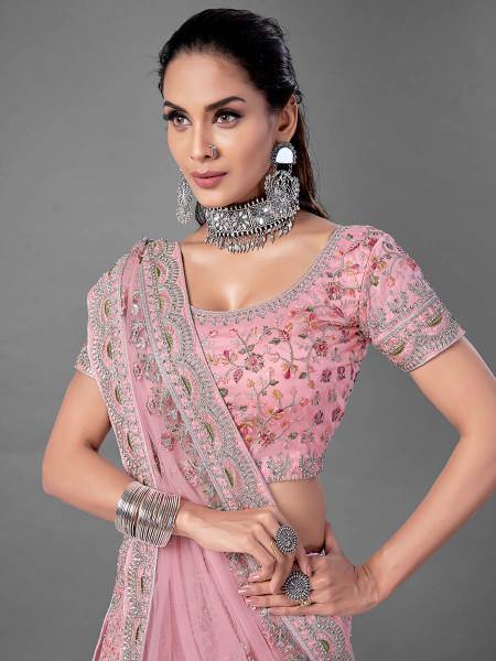 Myra Pink Heavy Embroidered Soft Net bridal Lehenga | Grocsy