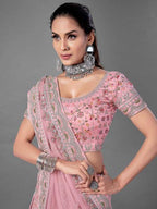 Myra Pink Heavy Embroidered Soft Net bridal Lehenga | Grocsy