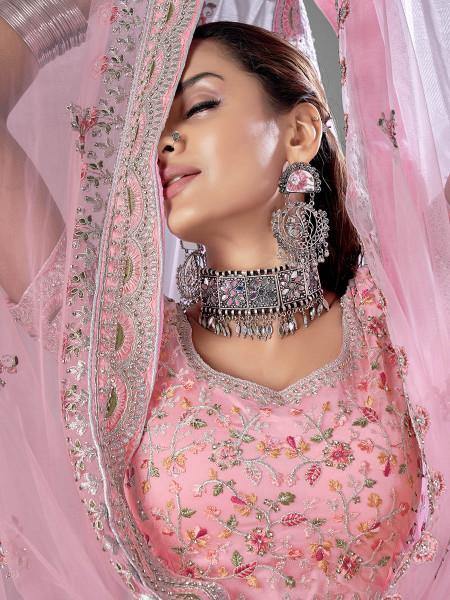 Myra Pink Heavy Embroidered Soft Net Bridal Lehenga | Grocsy