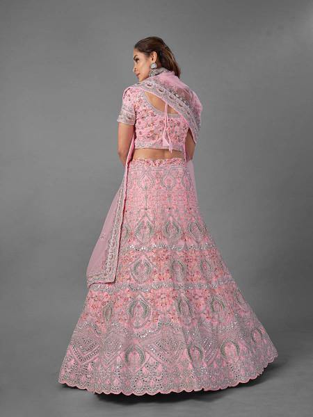 Myra Pink Heavy Embroidered Soft Net Bridal Lehenga | Grocsy