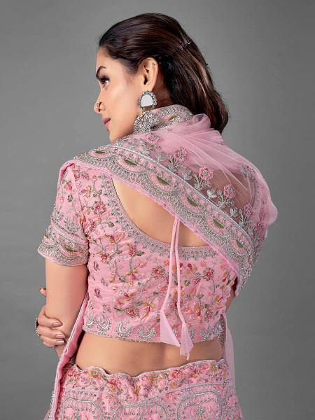 Myra Pink Heavy Embroidered Soft Net Bridal Lehenga | Grocsy