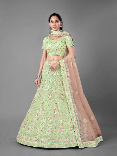 Myra Pista Heavy Embroidered Soft Net bridal Lehenga | Grocsy