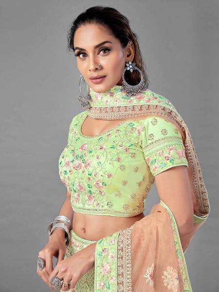 Myra Bridal Lehenga in Pista Heavy Embroidered Soft Net | Grocsy
