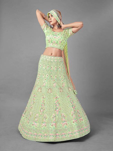 Myra Bridal Lehenga in Pista Heavy Embroidered Soft Net | Grocsy