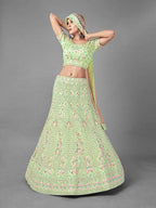 Myra Pista Heavy Embroidered Soft Net bridal Lehenga | Grocsy