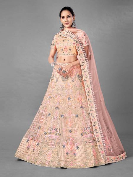 Myra Beautiful Peach Heavy Embroidered Soft Net Traditional Bridal Lehenga | Grocsy