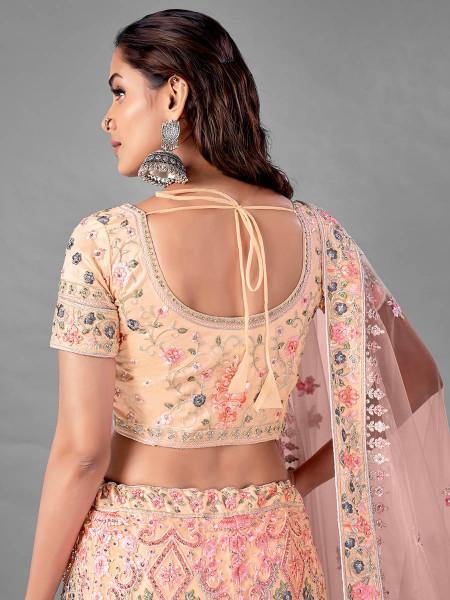 Myra Beautiful Peach Heavy Embroidered Soft Net Traditional Bridal Lehenga | Grocsy