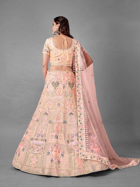 Myra Beautiful Peach Heavy Embroidered Soft Net Traditional Bridal Lehenga | Grocsy