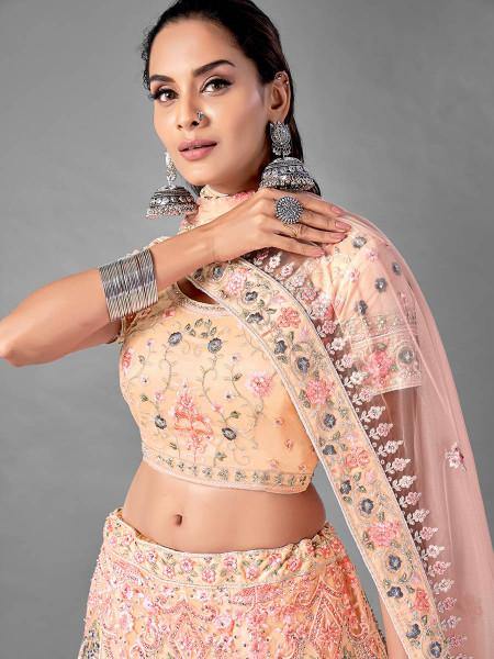 Myra Beautiful Peach Heavy Embroidered Soft Net Traditional Bridal Lehenga | Grocsy