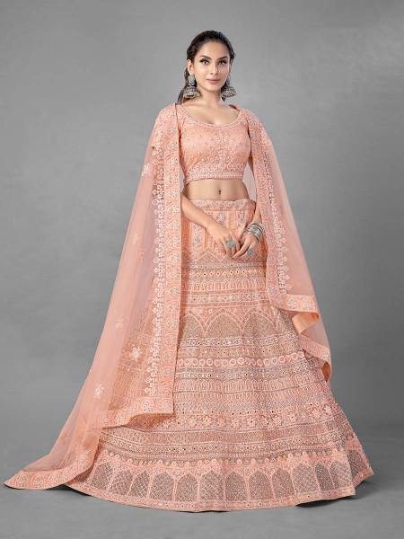 Myra Beautiful Peach Heavy Embroidered Soft Net Bridal Lehenga | Grocsy