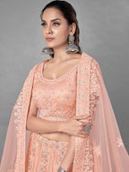 Myra Beautiful Peach Heavy Embroidered Soft Net Bridal Lehenga | Grocsy